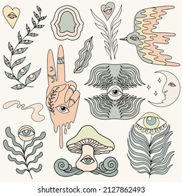 Vector hand drawn set of minimalistic surreal illustration with eye, mushroom . Creative artwork with fortune teller. Template for card, poster, banner, print for t-shirt, pin, badge, patch.