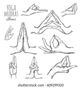 Vector hand drawn set of mudras. Isolated on white. Yoga. Spirituality. Colorful