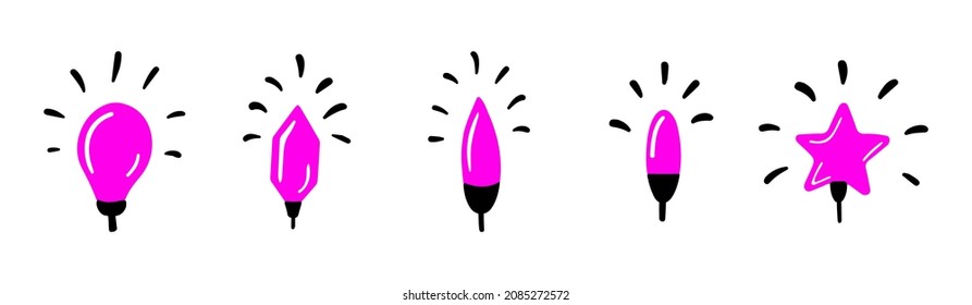 Vector hand drawn Set of multicolored Christmas light bulbs isolated on white background. Doodle bulbs icon. Decorative vintage scribble bulbs elements for kids and greeting design, symbol of ideas.