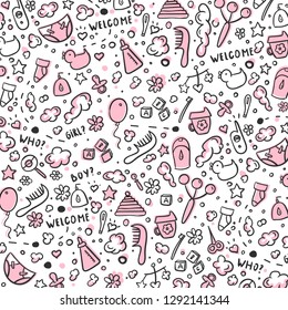 Vector hand drawn set of Newborn Baby Care cartoon doodle objects and items. Pink background.
