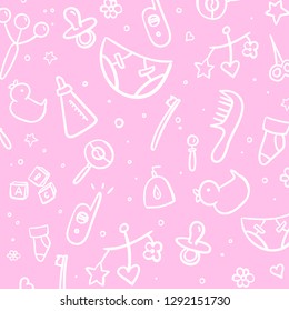 Vector hand drawn set of Newborn Baby Care cartoon doodle objects and items. Cute background for cards,greeting, web etc.