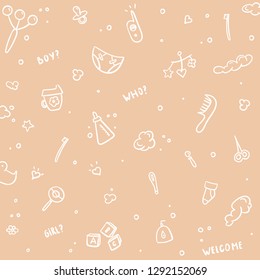 Vector hand drawn set of Newborn Baby Care cartoon doodle objects and items. Cute background for cards,greeting, web etc.