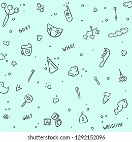 Vector hand drawn set of Newborn Baby Care cartoon doodle objects and items. Cute background for cards,greeting, web etc.