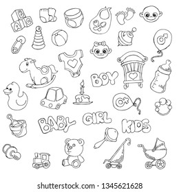 Vector hand drawn set of Newborn Baby Care cartoon doodle objects and items. 