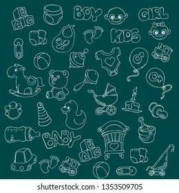 Vector Hand Drawn Set Of Newborn Baby Care Cartoon Doodle Objects And Items. 