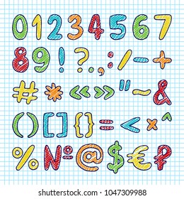 Vector hand drawn set of numbers, punctuation marks and special symbols. Colorful signs on paper background