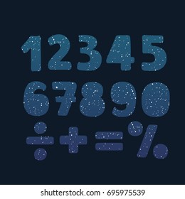 Vector hand drawn set of numbers in and cosmic stars letters on a black background. Division, exclamation point, multiplication, percent, equals, minus in dark background