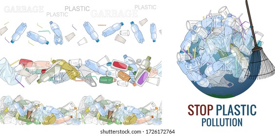 Vector hand drawn set of objects and seamless patterns with sorted plastic garbage isolated on white. Collection of trash with separate debris. Concept of Recycles Day, World Cleanup day and ecology