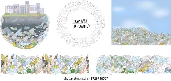 Vector hand drawn set of objects and seamless patterns with sorted plastic garbage isolated on white. Collection of trash with separate debris. Concept of Recycles Day, World Cleanup day and ecology