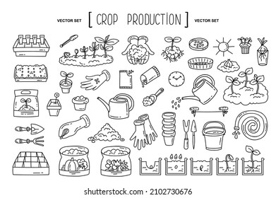 Vector hand drawn set on the theme of crop production, agriculture, farming, gardening, planting. Isolated doodles, line icons for use in design