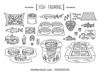 Vector Hand Drawn Set On The Theme Of Fish Farming, Agriculture, Fisheries, Fish Factory. Isolated Doodles, Line Icons For Use In Design