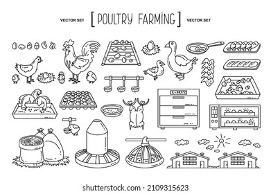 Vector hand drawn set on the theme of poultry farming, agriculture, factory, food, chicken. Isolated doodles, line icons for use in design