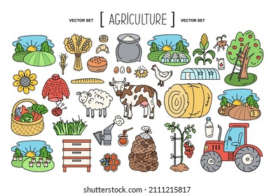 Vector hand drawn set the theme agricultural industry  farming  agriculture  factory  food  village  gardening  Isolated colorful doodles  line icons for use in design