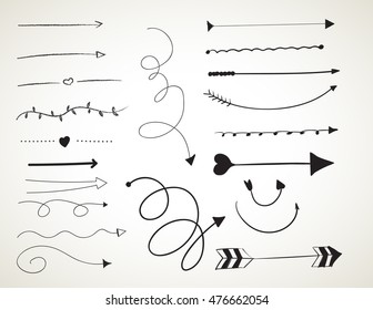 Vector hand drawn set on white background of elements with black arrows and elements.