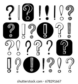 Vector hand drawn set on white background of question and exclamation  marks with black outlines