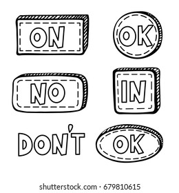 Vector hand drawn set on white background of bottoms with words
