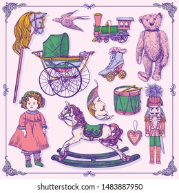 Vector hand drawn set of  pastel colors vintage toys. Collection of children toys, doll, baby carriage, train,nutcracker, drum, teddy bear, wooden horse, stick horse, christmas toys.