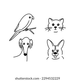 Vector hand drawn set of pets isolated on white background. Budgie, cat, dogs (greyhound and corgi)