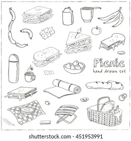 Vector hand drawn set with picnic tools. Vintage illustration for design menus, recipes and packages product.