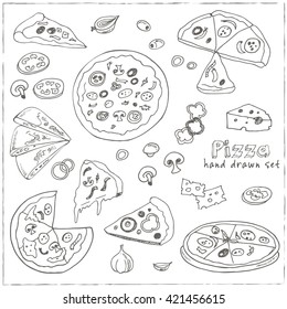 Vector hand drawn set with pizza. Vintage illustration  design menus, recipes and packages product.