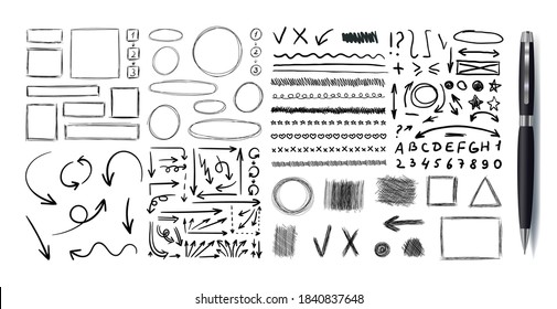 Vector Hand Drawn Set of Planning Elements, Correction Marks, Black 3D Pen and Drawings Isolated on White Background.