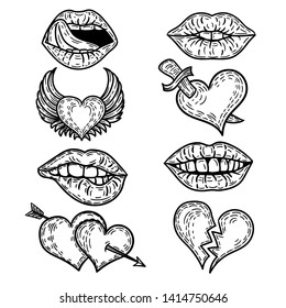 Vector hand drawn set of pop art hearts and lips.Brocken heart, two hearts with arrow, heart with wings and heart punctured by sword, lips and mouth.