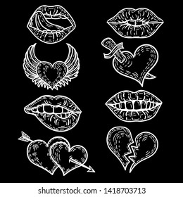 Vector hand drawn set of pop art hearts, lips, brocken heart, two hearts with arrow, heart with wings and heart punctured by sword, lips and mouth on black background.