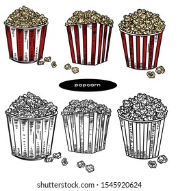 Vector hand drawn set of popcorn isolated on white background.