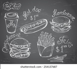 Vector hand drawn set of Retro Fast Food Menu with price on chalkboard in vintage style