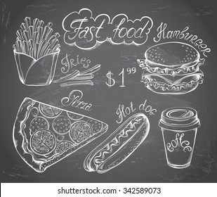 Vector hand drawn set of Retro Fast Food Menu on chalkboard in vintage style. Pizza, burger, hot dog, drink, french fries
