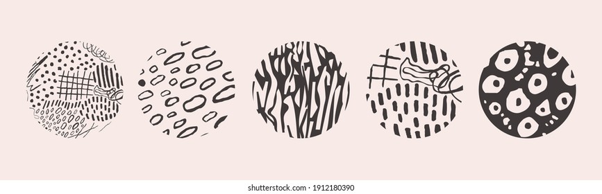 Vector hand drawn set with round isolated abstract black patterns or backgrounds. Various doodle shapes for highlight covers, posters, social media Icons templates.