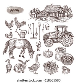  Vector hand drawn set - rural landscape, farm animals, tools and machinery.