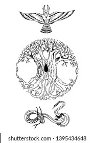 Vector hand drawn set of scandinavian mythology characters and plants. Yggdrasills tree, hawk, Vedfolnir, Unnamed eagle, dragon serpent Nidhogg. Isolated on white background.