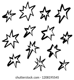 vector hand drawn set of scrawl shiny star silhouettes on white background