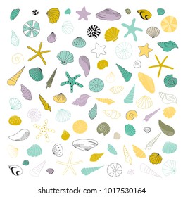 Vector hand drawn set of sea shells and stars. Isolated individual objects. Clipart for greeting cards, weddings, stationery, surface design, scrapbooking. Part of a large sea collection.