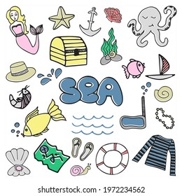 Vector hand drawn set with sea, marine elements. Doodle summer travel illustration for print, coloring, childish design and other