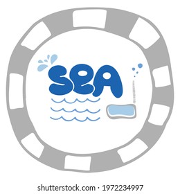 Vector hand drawn set with sea, frame, marine elements. Doodle summer travel illustration. Blue design for print, coloring, childish design and other