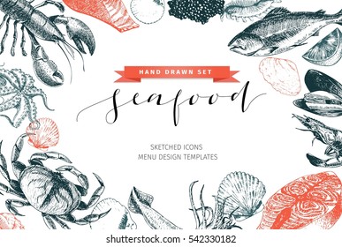 Vector hand drawn set of seafood icons. Lobster, salmon, crab, shrimp, octopus, squid and clams. Engraved art. Delicious food menu objects. Use for restaurant, promotion, market store banner