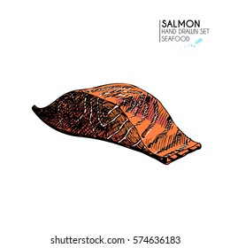 Vector hand drawn set of seafood icons. Isolated salmon meat slice. Engraved colored art. Delicious marine food menu objects. for restaurant, meal, market, store, menu, party decoration, other design