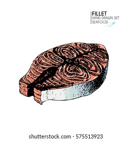 Vector hand drawn set of seafood icons. Isolated salmon meat steak. Engraved colored art. Delicious marine food menu objects. for restaurant, meal, market, store, menu, party decoration, other design