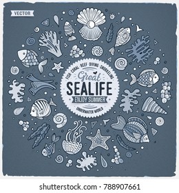 Vector hand drawn set of Sealife cartoon doodle objects, symbols and items. Round frame composition