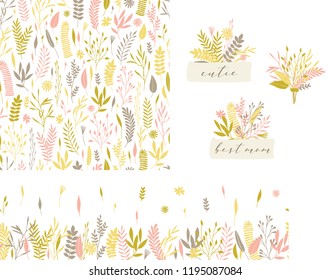 Vector hand drawn set of seamless floral pattern, bouquets badges and seamless floral border.