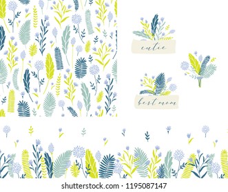 Vector hand drawn set of seamless floral pattern, bouquets badges and seamless floral border.