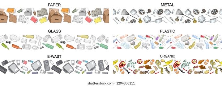 Vector hand drawn set of seamless borders with sorted garbage isolated on white. Collection of trash patterns with separate debris.Concept of Recycles Day, World Cleanup day and ecology