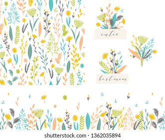 Vector hand drawn set of seamless floral pattern, bouquets badges and seamless floral border.