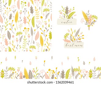 Vector hand drawn set of seamless floral pattern, bouquets badges and seamless floral border.