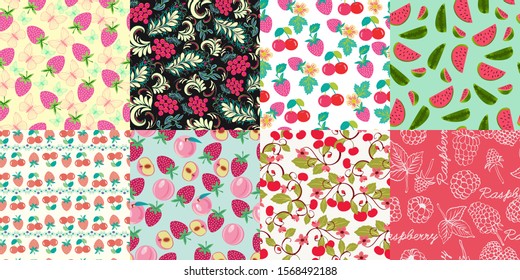 Vector hand drawn set of seamless pattern with  berries. Floral graphic design botany texture. Perfect for wrappaper, wallpaper, background, package, home textile.