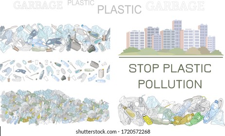 Vector hand drawn set of seamless patterns and objects with sorted plastic garbage isolated on white. Collection of trash with separate debris. Concept of Recycles Day, World Cleanup day and ecology