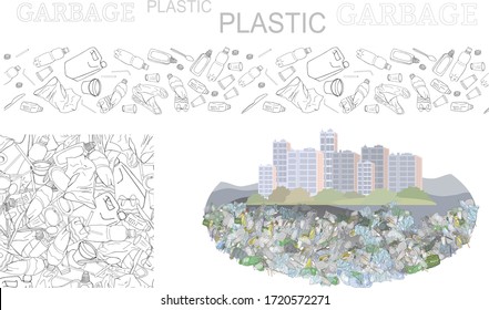 Vector hand drawn set of seamless patterns and objects with sorted plastic garbage isolated on white. Collection of trash with separate debris. Concept of Recycles Day, World Cleanup day and ecology