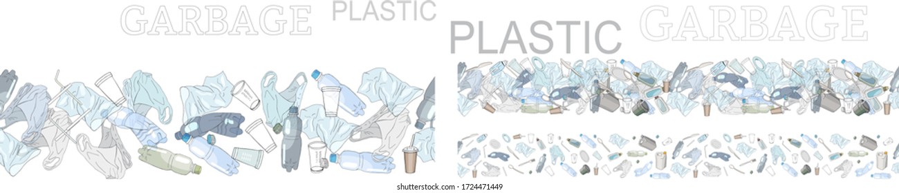 Vector hand drawn set of seamless patterns with sorted plastic garbage isolated on white. Collection of trash with separate debris. Concept of Recycles Day, World Cleanup day and ecology